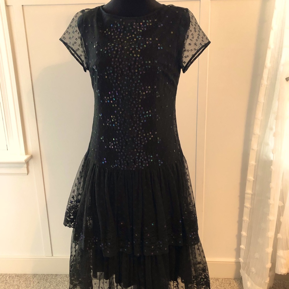 Black Lace Sequin 1920’s Downton Abbey Slip Dress with Lace Overlay. 8 Medium